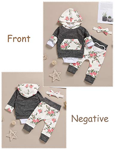 Image of Baby Girls Long Sleeve Flowers Hoodie Tops and Pants Outfit with Kangaroo Pocket Headband