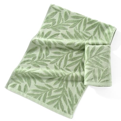 Sense Gnosis MJXC2 Green Hand Towel Set Of 2 Full Embossed Velvet Salix Leaves Pattern Super Soft 100% Cotton Highly Absorbent Decorative Jacquard Weave Hand Towels For Bathroom Home 13X 29 Inch thumb #7
