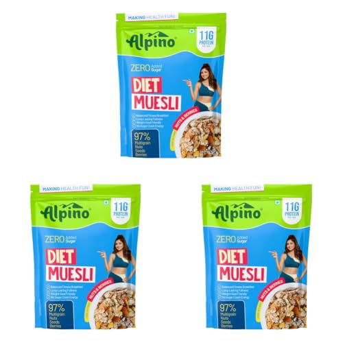 Image of Alpino Diet Muesli Zero Added Sugar -11g Protein per 100g, High Fibre Multigrain Breakfast Cereal with Nuts, Seeds & Berries | Healthy Weight Management Breakfast | 750g (Pack of 3)