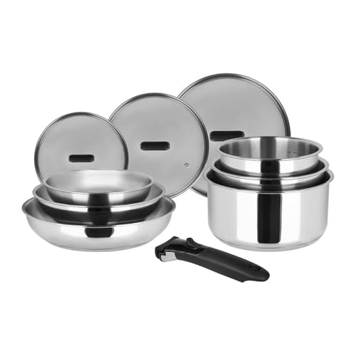 Sitram 717375 Batterie de Cuisine 10 Pièces 100% INOX : 3 Poêles Ø20,24,28 cm + 3 Casseroles Ø16,18,20 cm + 3 Couvercles Verre Ø16,18,20 cm + manche...