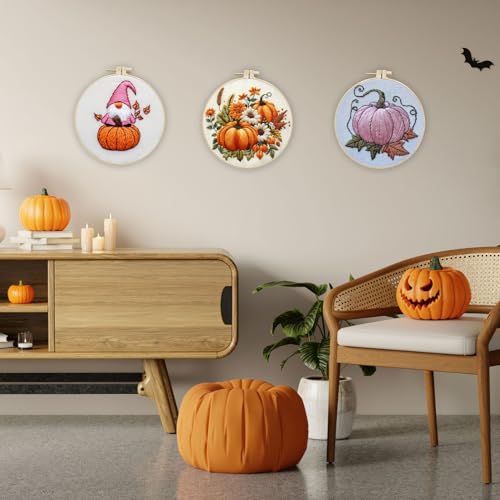 Image of LB Pink Fall Embroidery Kit for Beginners Adults, 3 Sets Hand Embroidery Starter Kit with Gnome Pattern and Instructions Stamped Cross Stitch Kits Include Embroidery Hoop Needles Threads Scissors
