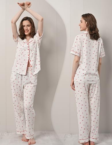 Image of NAP BOUND 100% Cotton Women's Pajama Sets Short Sleeve Button Down Soft Pjs 2 Piece Lounge Set with Pocket Nightwear XS-XXL