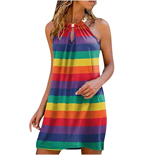 Summer Dress for Women Beach Casual Trendy Rainbow Striped Print Halter Sleeveless Sundress Cocktail Mini Dresses