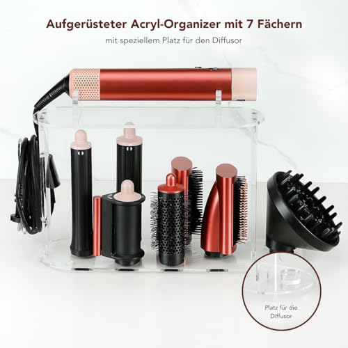 SAZIKA Acryl Organizer für Dyson Airwrap, 7 Fächer für Aufsätze & Diffusor, platzsparender Aufbewahrungshalter für Bad & Zuhause, Transparenter