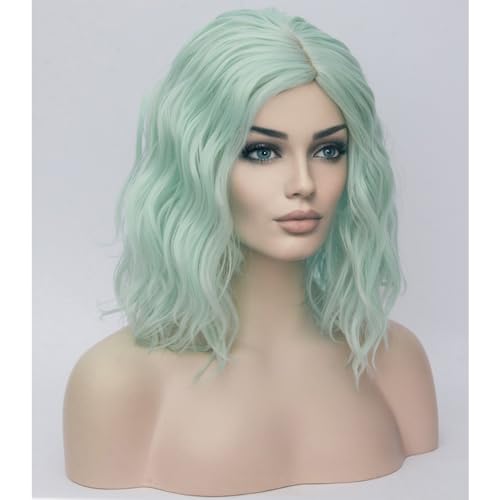 Image of BERON 14 inch Green Wigs for Women Short Curly Bob Wavy Wig Girls Mint Green Colored Body Wave Heat Resistant Synthetic Cosplay Party or Daily Wigs
