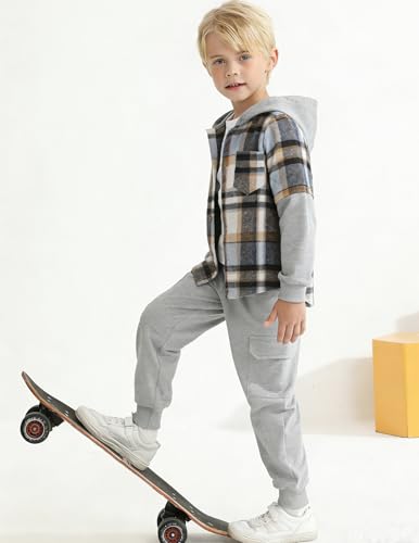 Image of 2Pcs Boys Clothes Sweatsuit Set Hoodie Flannel Plaid Shirt and Jogger Pants for Kids Fall Winter Spring Outfits