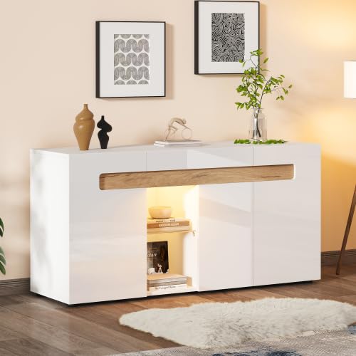 Komoda z szufladami, kredens biały i o wyglądzie drewna, wysoki połysk, z oświetleniem LED i sterowaniem za pomocą aplikacji – szafka pod telewizor 140 x 40 x 70 cm, szklana podłoga i naturalne drewno