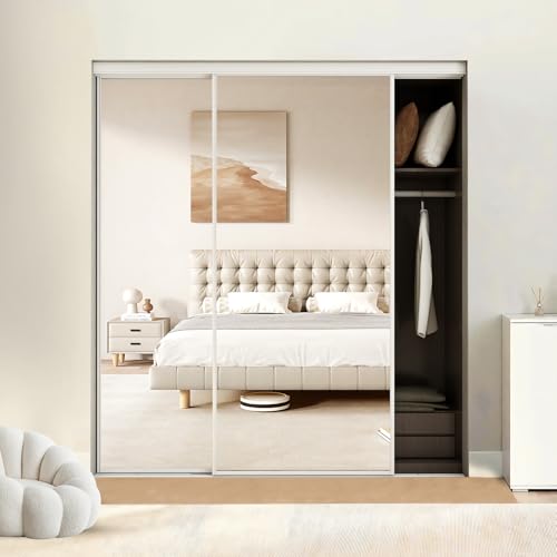 BARNSMITH 72 x 80 Inches Mirrored Closet Door, One Side Mirror with Top & Bottom Track Kits, 2-Panels Steel Frame Sliding Mirror Closet Door, Easy to Install