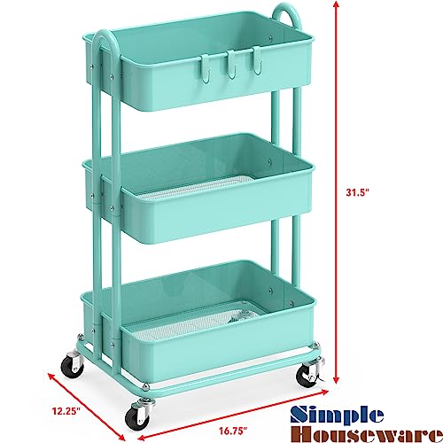 Simplehouseware Heavy Duty 3-Tier Metal Utility Rolling Cart, Turquoise #TOP5