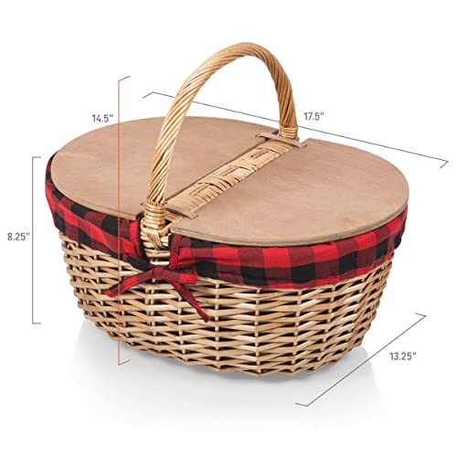 PICNIC TIME Country Picnic Basket, Sturdy Woven Wicker Basket with Customizable Split-lid Design and Removable and Washable Polycotton Vintage-Style Liner, (Red & Black Buffalo Plaid Pattern)