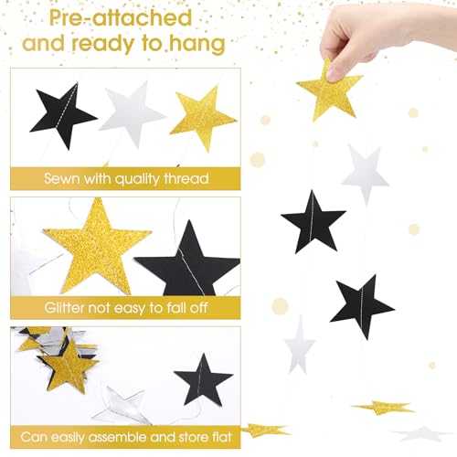 Image of Patelai Glitter Star Garland Banner 2026 Party Decor 130 Feet Star Hanging Streamers Twinkle Backdrop for Classroom Birthday Graduation Wedding Supplies(Silver Gold Black)