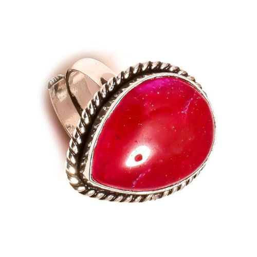 Anillo ajustable con bisel de cuerda hecho a mano con cabujón de rubí rojo con forma de pera (EE.UU.-7), anillos de piedra roja, regalo para hombres y mujeres
