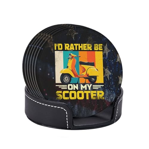 Scooter Drink Coasters Set, 6 pcs Leather with Holder