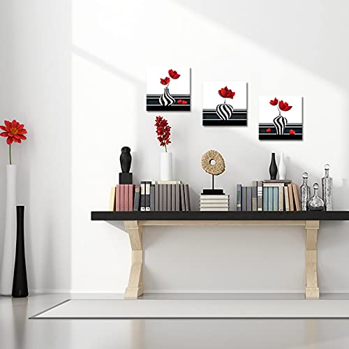 Canvbay 3 Pieces Abstract Red Flower Canvas Wall Art Still Life Canvas Painting Prints Flower On Black And White Vases Picture For Bathroom Hallway Decor Stretched 12X12Inchx3Pcs #TOP1