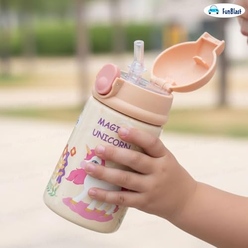 Image of FunBlast Unicorn Theme Water Bottle for Kids - Cute Water Bottle with Straw, Insulated Stainless Steel Bottle, Sipper Bottle for Kids (300 ML)