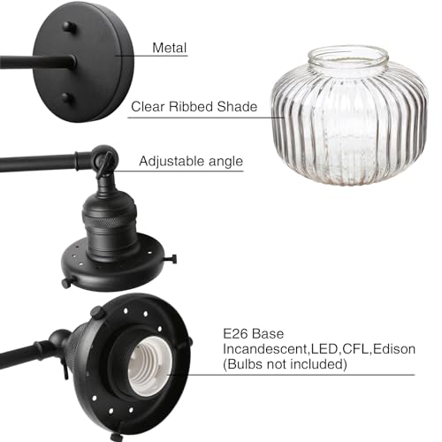 Image of PERMO Single Sconce Vintage Industrial Wall Sconce Lighting with Flate Globe Ribbed Shade (Black)