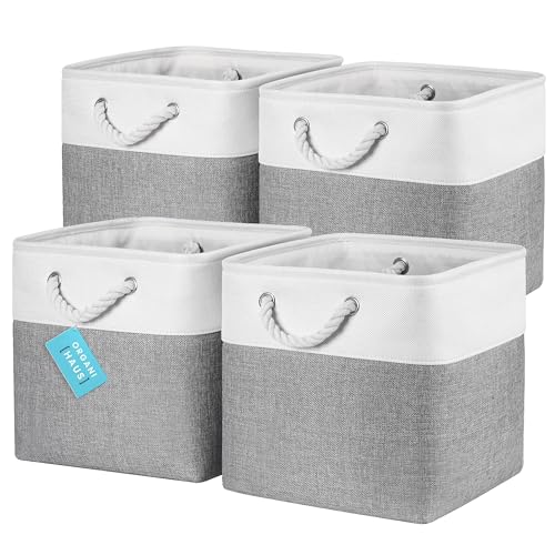 OrganiHaus 12x12 Cube Storage Bins 4 Pack, Foldable Cube Storage Organizer w/ Rope Handles, Collapsible Fabric Bins for Toys, Clothes & Closet Organization, Fabric Square Baskets - Gray/White