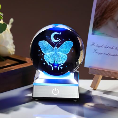 Movdyka Crystal 3D Butterfly with Moon 3.15'' Witchcraft Ball Figurine Gifts for Women, Glass Collectible Sphere with LED Lights Base for Girls Butterflies Lovers on Birthday Home Ornaments