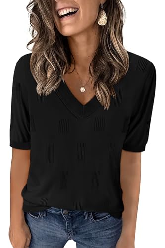 Image of Yincro Womens Short Sleeve Sweaters Fall Summer Tops V Neck Lightweight Knit Pullovers
