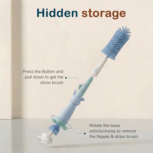 Image of TONY STARK Baby 3-in-1 Silicone Bottle Cleaning Brush Set | 360 Rotatable Handle, BPA-Free Soft Bristles for Cleaning Bottles, Nipples & Pacifiers Safely (Blue)