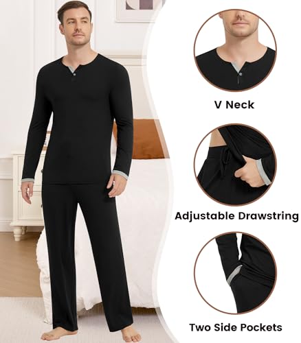 NACHILA Men's Pajamas-Viscose Made from Bamboo, Long Sleeve Pajama Shirt Soft Pants Sleepwear Comfy Pjs Set with Pockets4