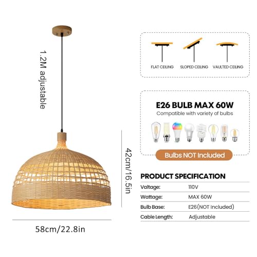 LCSMVLQ Farmhouse Bamboo Pendant Light - Handwoven Ceiling Mounted Bamboo Chandelier Shades, Coastal Beach Hanging Rattan Light Fixture for Kitchen, Dining, Living Room - Image 7