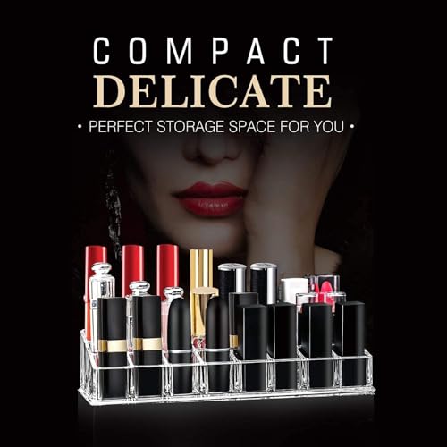 Image of SKDBPM KDR Plastic Cosmetic Shelf Stand Case Grid Squares Lipstick Holder Showcase Stand Organizer Makeup Storage Box (Transparent) (24 LIPSTICK HOLDER)