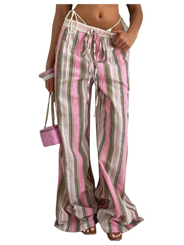 GORGLITTER Women's Striped Linen Pants Summer Casual Boho Bow Elastic Low Waist Drawstring Wide Leg Pants Dressy