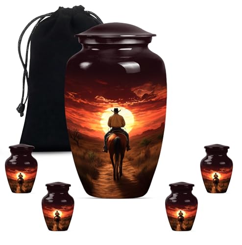 Image of Cowboy Urn - Urn for Ashes Adult Male - Large Unique Cremation Urns for Human Ashes - Companion Urns for 2 Adults - Memorial Ash Containers for Men and Women - 10 inch & 3 inch Pack of 5