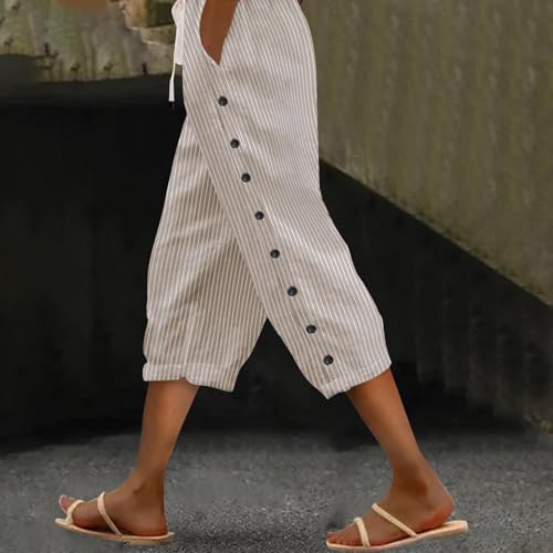 Striped Pants Women Linen Capris for Women Summer Wide Leg Loose Drawstring Elastic Waist Trouser3