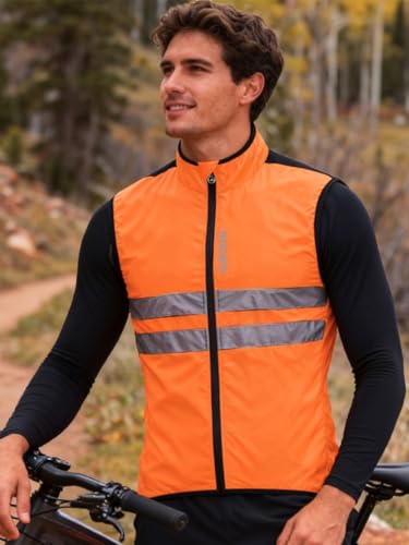 WOSAWE Men's High Visibility Cycling Wind Vest Sleeveless Reflective Bicycle Gilet, Orange XL