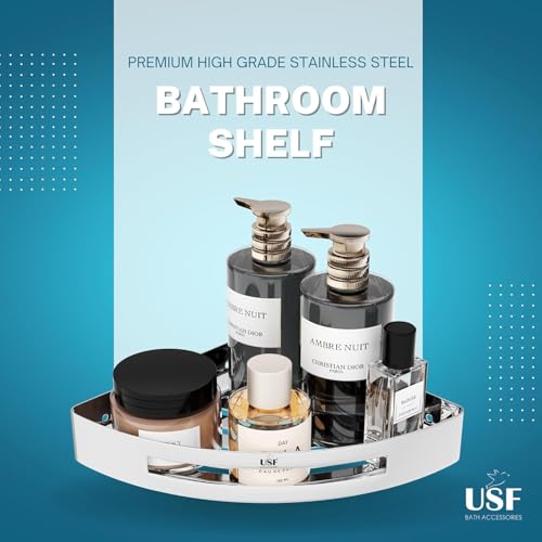 Image of USF Elegance Stainless Steel Bathroom Shelf, Wall Mounted Storage Organizer for Toiletries & Kitchen Accessories, Compact High Load Capacity Design, Quick DIY Setup, Chrome Finish (Pack of 2)