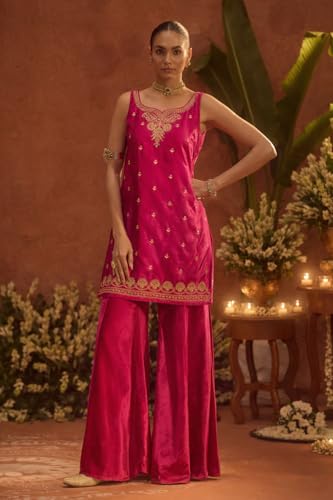 Image of FIORRA Women Rani Pink Ice Velvet Embroidered Kurta Set with Dupatta