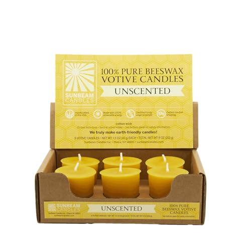 Sunbeam Candles 100% Pure Beeswax Votives | 6 Count Box | Long Burning 15-Hours Each | All Natural Non-Toxic Beeswax Prayer Candle