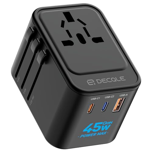 decqle Adaptador Enchufe Universal, Adaptador de Viaje con 2 USB-C(GAN 45W) y 1 USB-A, Adaptador Universal para EU, Reino Unido, Americano, Canadá, Australia& 224+País(Negro)