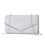 Mooedcoe Glitzer Clutch Damen, Elegante Abendtasche Silber mit Abnehmbarer Kette – Handtasche Klein, Stilvoll für Hochzeit, Party, Ball