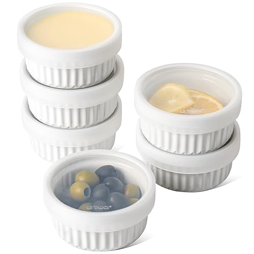 LE TAUCI Ramekins with Lids, [2nd Gen] 4 oz Oven Safe Creme Brulee Ramekin Souffle Dishes with Covers, Stackable Ceramic Bowls for Baking, Pudding, Serving Dip, Custard, Ice Cream, Set of 6, White