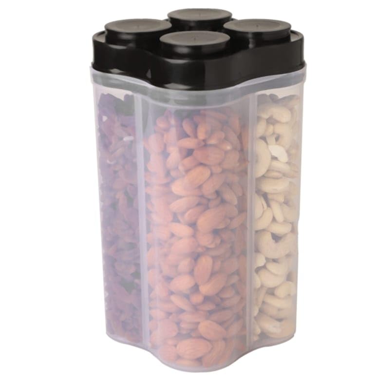 VIVED Multipurpose Plastic 4 In 1 Masala Box for Kitchen, Spice Boxes for Kitchen, Transparent 4 Section Storage Containers Airtight Lock Grocery,Cereal,Dry Fruits Dabba 2500 Ml (Black)