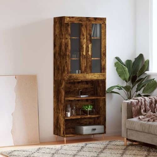 Hovothy Highboard - Aparador de madera de roble ahumado, 69,5 x 34 x 180 cm, para dormitorio, salón, vitrina, armario de madera, aparador para salón, armario de vitrina