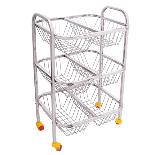 Image of Fortune Blu 3-Layer Stainless Steel Kitchen Trolley for Fruits & Vegetables | 3-Shelf Storage Basket | Onion & Potato Rack