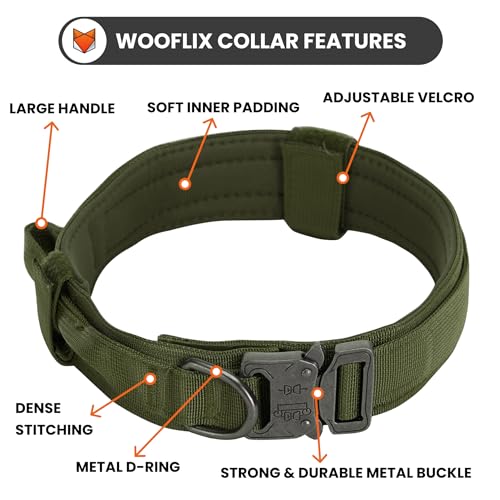 Image of WOOFLIX Metal Dog Collar For Training & Walks|Nylon Collar With Tactical Metal Buckle & D-Ring For Medium & Large Dogs|Dog Collar For Medium & Large Dogs (Extra Large, Army Green) - 25 X 5 Cm