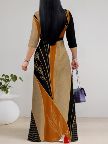 Image of Women's V Neck Floral Maxi Dress 3 /4 Sleeve Plus Size Boho Wrap Flowy Long Dresses with Belt