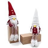 Spetebo LED Wichtel Kantenhocker mit leuchtender Nase - 2er Set - Weihnachtswichtel Paar 52 cm sitzend mit Langen Beinen - Wichtelmann Wichtelfrau Dekofigur beleuchtet Weihnachten Advent Winter Deko