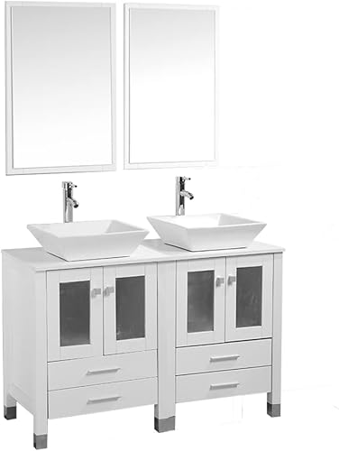Moderno juego de tocador de baño doble blanco de 48 pulgadas gabinete de madera MDF con combo de fregadero de recipiente de porcelana grifo cromado
