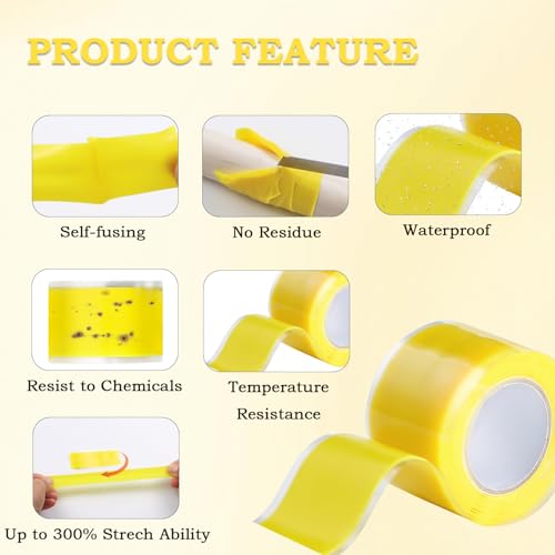 Image of Self Fusing Silicone Tape 1 in x 5' Yellow Waterproof Rubber Leak Proof Sealing Rubber Self-amalgamating Tape for Emergency Hot and Cold Water Pipe Repairs and Tool Fixation