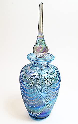 Alice-Aliya Art Crystal Empty Glass Perfume Bottle In Cyan Color With White Opaque Pattern And Crystal Stopper.