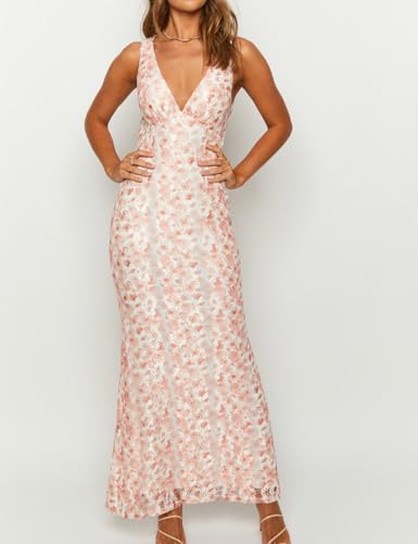 Image of Elegant Lace Floral V Neck Backless Bodycon Dresses for Women Sexy Cut Out Low Back Sleeveless Maxi Dress Wedding Guest