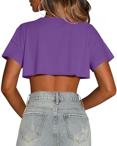 Image of Crop Tops for Women Oversized Short Sleeve T Shirts Crew Neck Cropped Tees