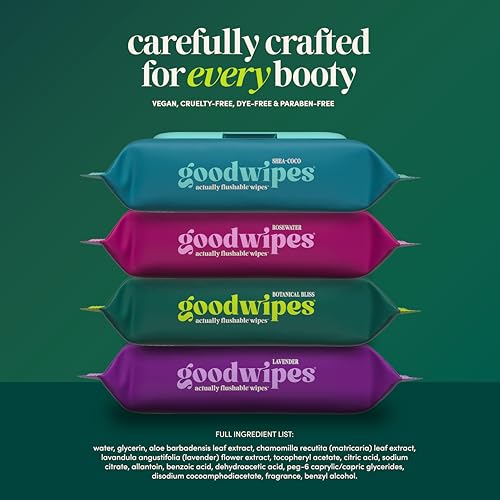 Image of goodwipes Flushable Wipes - Botanical Bliss Wet Wipes for Adults, Sewer & Septic Safe, Guest Bathroom Essentials for Women & Men, pH Balanced & Extra Large, 153 Count (3 Packs and 3 Singles)