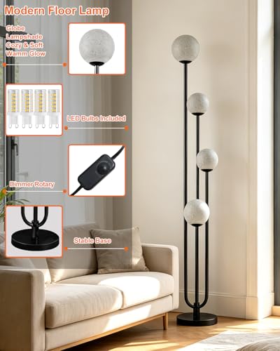 Image of Lightdot Black Globe Floor Lamp 4-Lights Dimmable Floor Lamps with Tray 3000K Bulbs Included Unique Candle Standing Lamp with Grey Shade for Living Room /Bedroom /Sofa Beside /Corner Decor